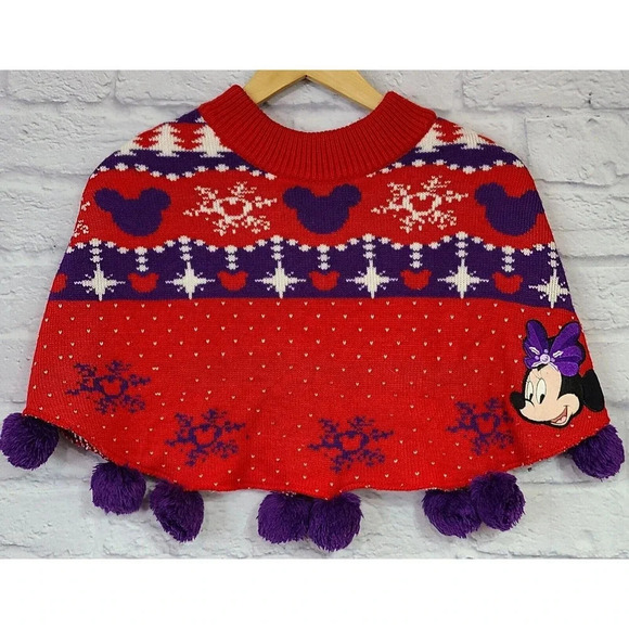 Disneyland Hong Kong Minnie Mouse Sweater Poncho Girls Small Medium Red Purple - Picture 1 of 5